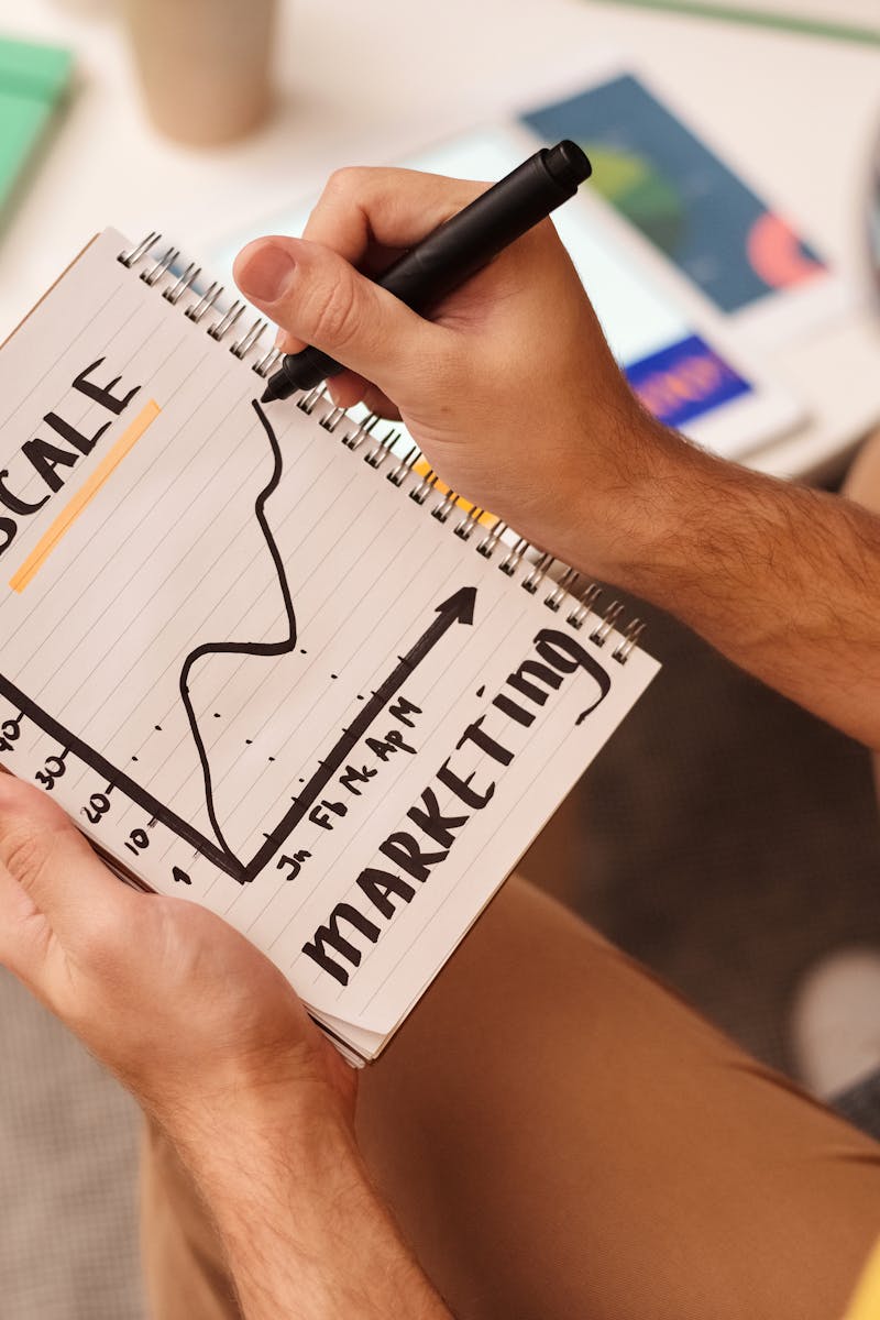 Close-up of a man drawing a marketing strategy graph in a notebook.